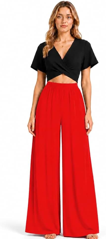 L S U Damen Palazzo Hose Ausgestellt Elastische Taille Weites Bein Hose Loungewear Casual Weich Bequem Stilvolle Hose