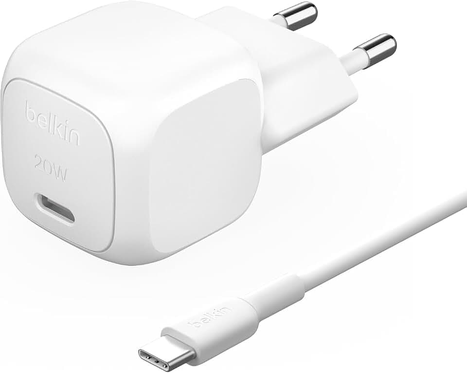 Belkin BoostCharge kompaktes Ladegerät (20 W), USB-C Power Delivery Schnellladegerät, USB C Netzteil für Apple iPhone 17, 16, Samsung Galaxy S25, iPad, AirPods usw., inklusive Typ C to C-Kabel – Weiß