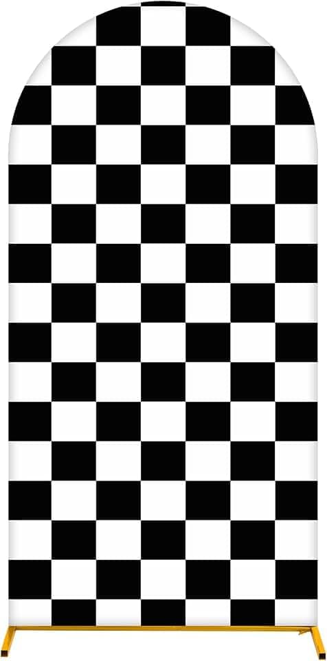 Arch Backdrop Cover 6.6FT Monster Truck Birthday Party Decor Black White Checker Arch Covers Spandex Fitted Circle Car Racing Arch Backdrop Covers for Kid Boys Let's Go Racing Party Supplies