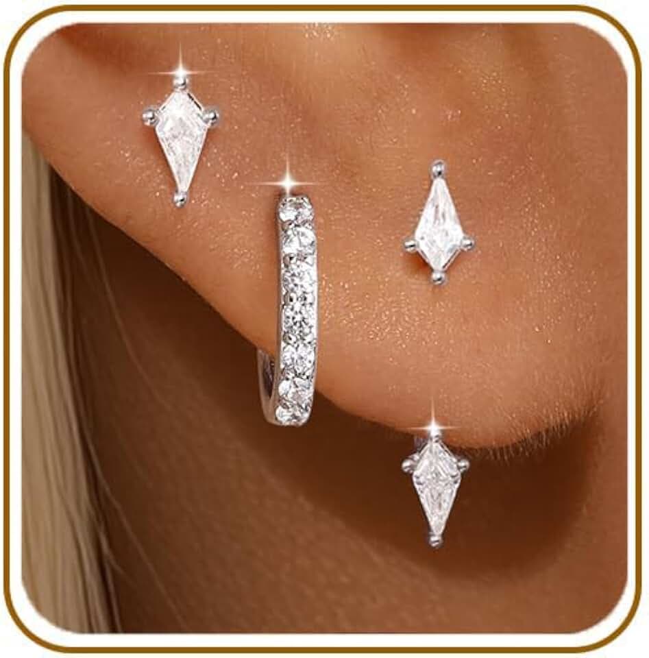3-Pair Women's Stud Earrings Set, CZ Huggie Hoops & Ear Stack Jewelry