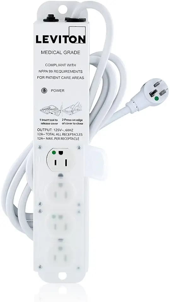 Leviton 5304M-1N7 Medical Grade Power Strip, 15-Amp, 125-volt, 4-Outlets, 7-Feet Cord Length, Alloy Steel
