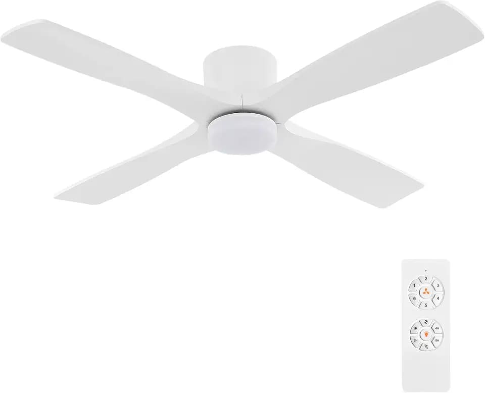 WINGBO 48 Inch Flush Mount DC Ceiling Fan with Lights and Remote, 4 Reversible Carved Wood Blades, 6-Speed Noiseless DC Motor, Hugger Ceiling Fan in White Finish, Low Profile Ceiling Fans, ETL Listed