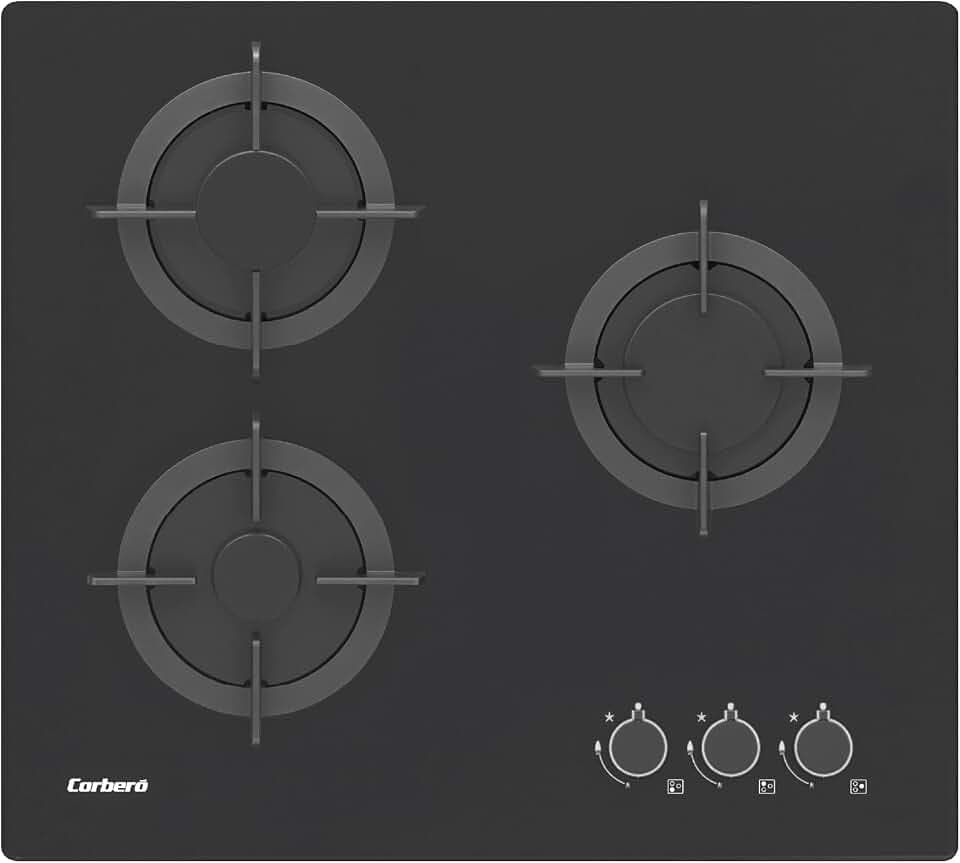 Corberó - Gaskochfeld aus Glas, 60 cm, CPG306N, 5,45 kW, 3 Zonen, seitliche Griffe, Gusseisen-Grill, ohne Rahmen, Umrüstsatz, Sicherheitsventil und automatische Abschaltung, Schwarz
