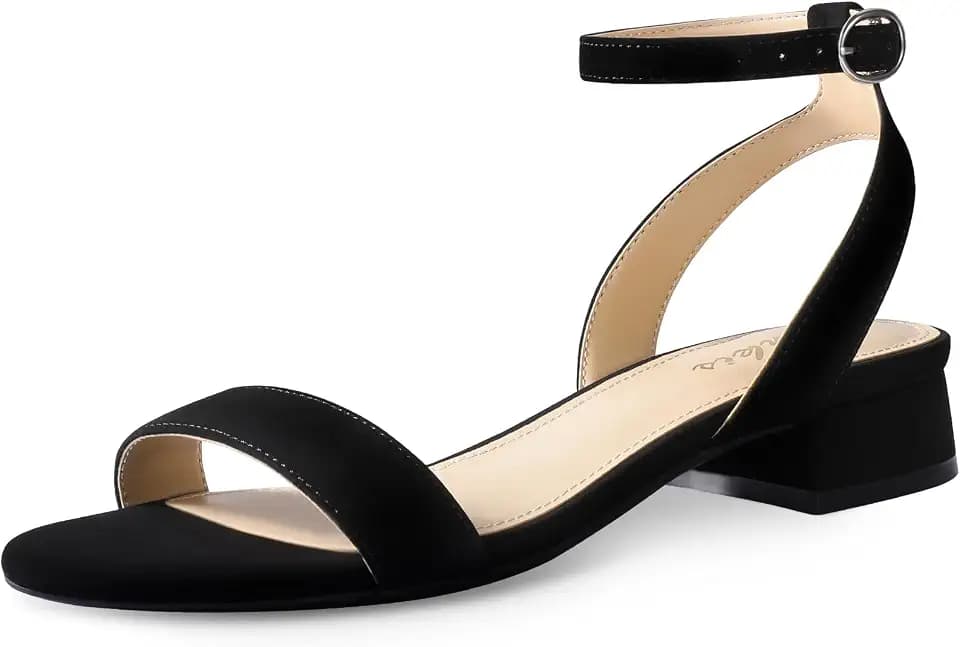 Ankis Women Nude White Gold Black Sandals Open Toe 1 Inch Low Block Heel