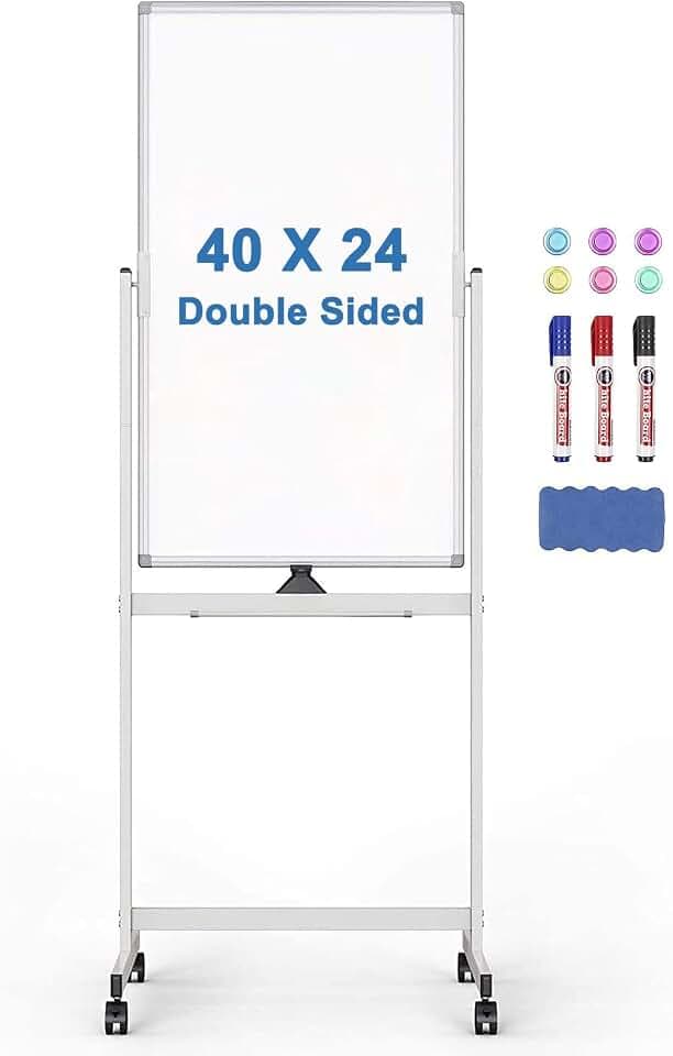 Rolling Whiteboard on Wheels 40" x 24" Aluminum Frame