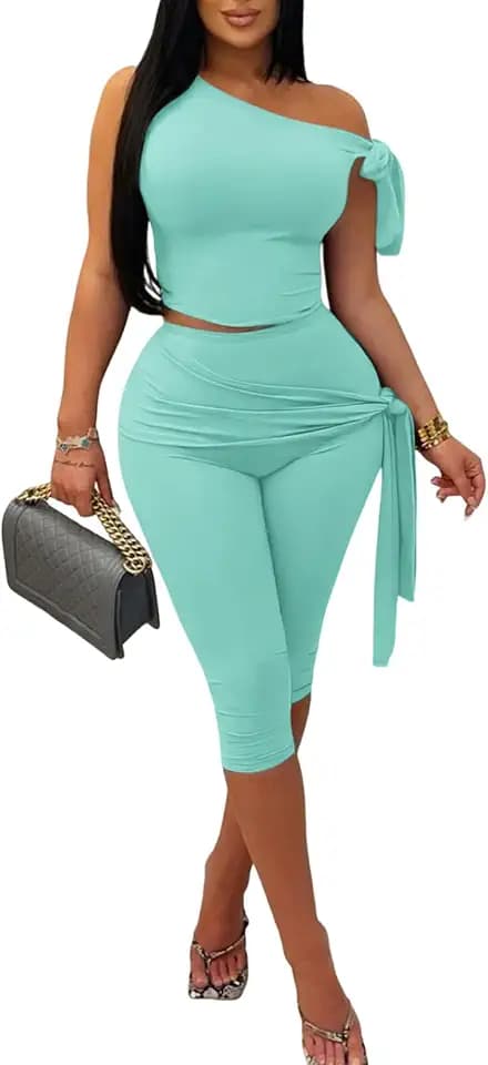 Vssjavun Women 2 Piece Outfit One Shoulder Crop Top Capri Pant Set