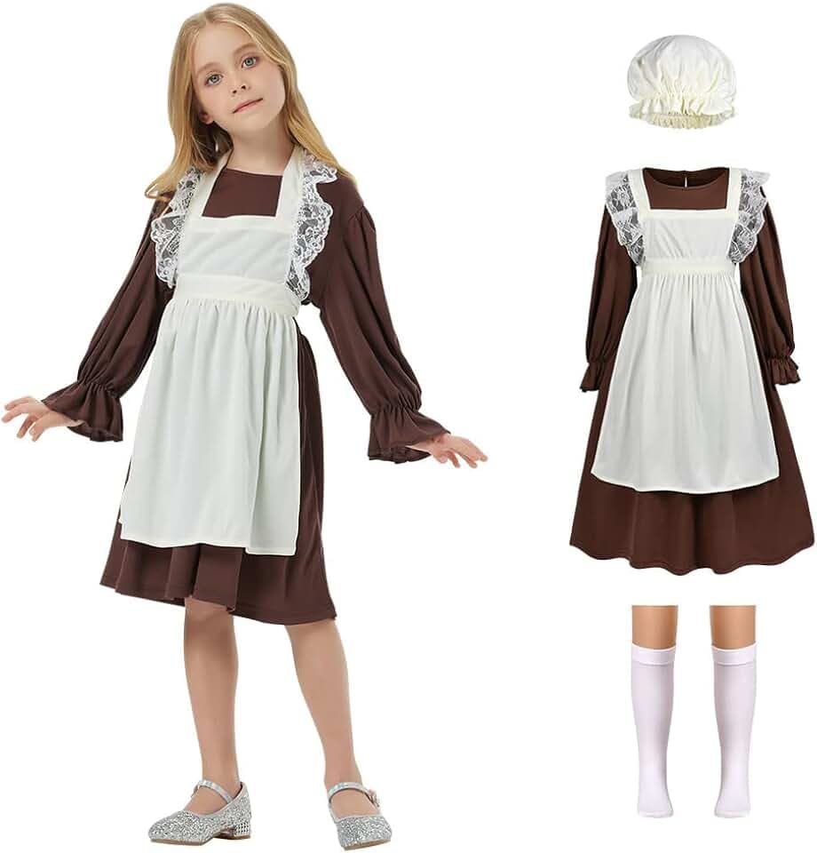 Aomig Kostüm Mittelalter Mädchen Maid Dress Blumenmuster French Maid Outfit Viktorianisch 4PC Dienstmädchen Kostüm mit Hüte/Strümpfe/Weiße Schürze Historische Kleidung Kinder Kostüm Halloween Cosplay