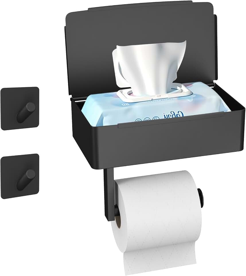 SURFOU Toilettenpapierhalter Ohne Bohren,klopapierhalter Schwarz,3-IN-1 Multifunktion,Selbstklebend,Mit Feuchttücherbox,Wc Papier Halterung,Edelstahl,Geeignet für Toilette/Badezimmer