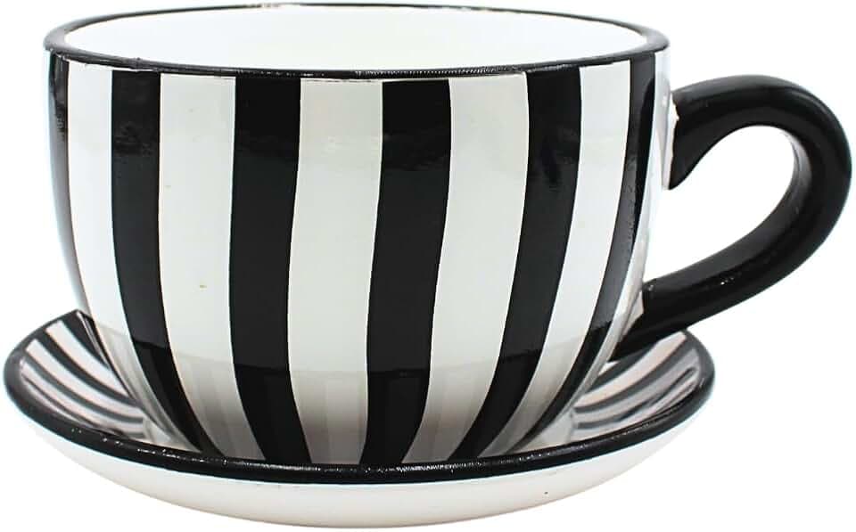 Dekohelden24 Blumentopf, Pflanztasse, Pflanzkübel, Pflanzgefäß, Blumenkübel, Pflanztopf. Übertopf als Tasse mit Griff aus Keramik, Motiv: Schwarz-Weiß-Gestreift, L/B/H 20 x 15 x12 cm.