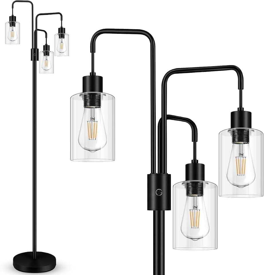 BoostArea Industrial Floor Lamp for Living Room,Glass Lampshade,Modern Stand Up Lamp with 3 Light,Simple Design Floor Lamp for Bedroom, Living Room, Office, Kids Room, Reading