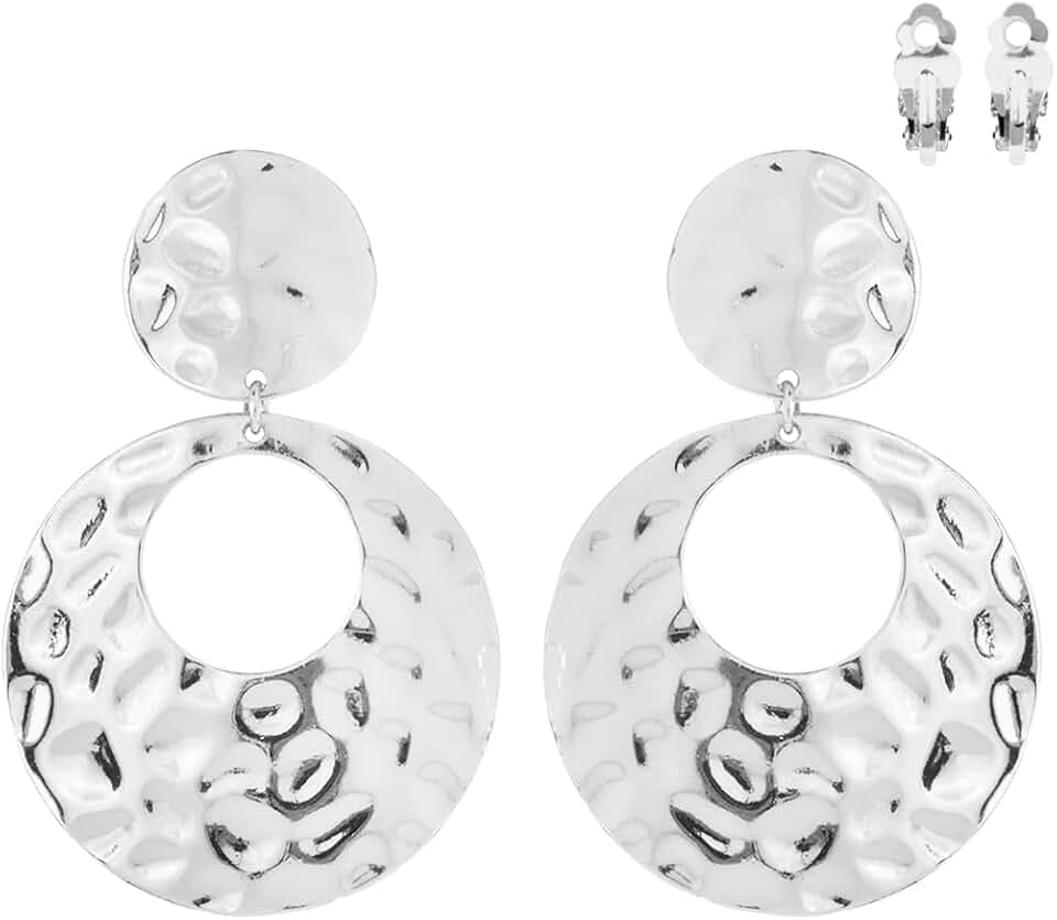 Rosemarie & Jubalee Women's Statement Polished Metal Hammered Texture Hoop Clip On Earrings, 2.75"