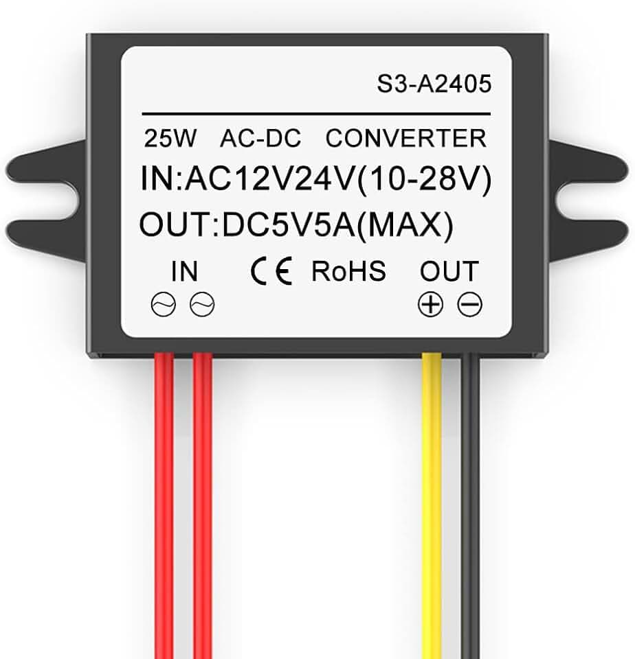 Greluma 1 Stück AC 12V 24V zu DC 5V 5A 25W Abwärtswandler, 10-28V Eingang AC-DC Step-Down-Netzteilmodul, Wasserdichter Spannungsregler-Reduzierer