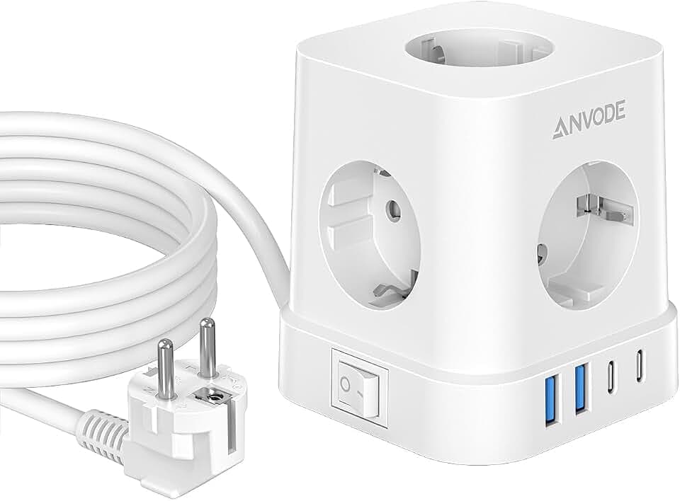 Steckdosenwürfel mit USB C, 5 Fach Mehrfachstecker Steckdose mit Schalter | 9-in-1 Steckdosenleiste, 2x USB-C + 2x USB-A, 300 J Überspannungsschutz, 3680 W / 16 A, 2 m Kabel für Zuhause und Büro