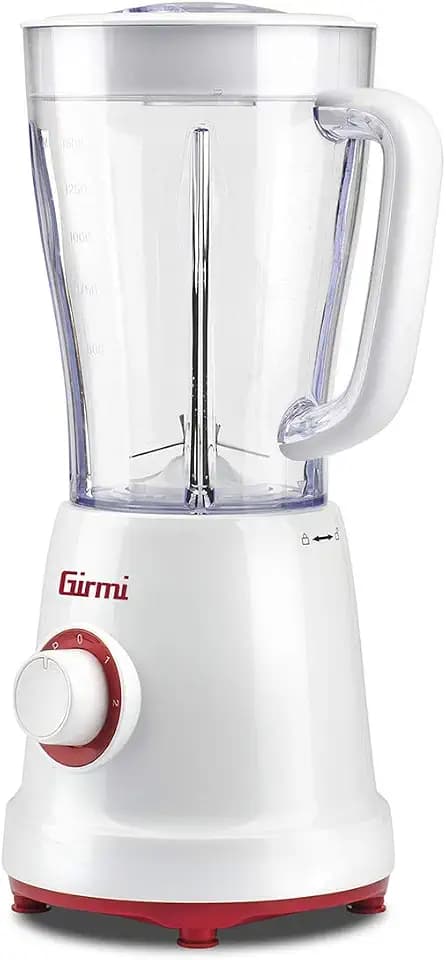 Girmi FR46 Elektrischer Mixer, 1,5 Liter, 2 Geschwindigkeiten mit Pulse-Funktion, 4 Edelstahlklingen, Messbecherdeckel, Messbecher mit Skala, Sicherheitseinrichtung, Weiß/Rot