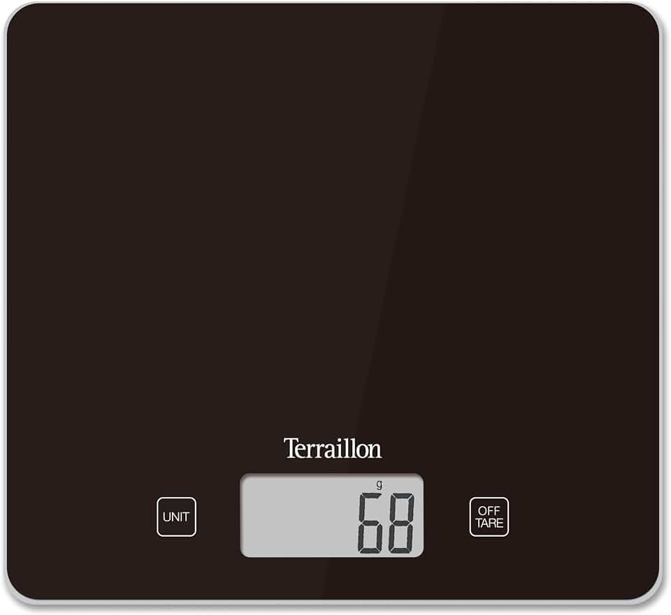 TERRAILLON – T1040 CLASSIC BLACK, elektronische Küchenwaage, Glaswägeplatte, Tara-Funktion, Umrechnung von Flüssigkeitsmaßen, hochpräzise, Tragkraft 5 kg, Teilung 1 g, schwarz