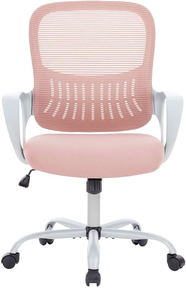 Ergonomic Computer Mesh Swivel Task Chair with Wheels and Comfortable Lumbar Support for Home Office, Study, Bedroom, Adults, Students, Fixed Handrail, Pink