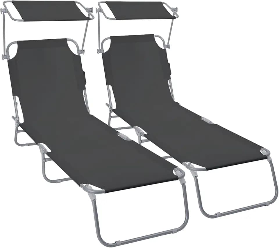 VOUNOT® 2er Set Sonnenliege Klappbar, Gartenliege mit Dach und 4-Fach Verstellbarer Rückenlehne, Leichte Strandliege für Garten, Terrasse, Camping, Pool & Strand, Schwarz
