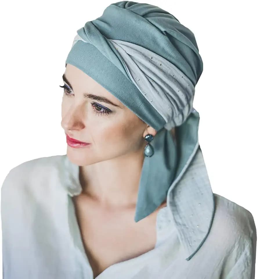 CAREBELL Krebstuch Modell Smooth – Aquamarin Gold Design aus weichem und atmungsaktivem Bambus, speziell für Chemotherapie, Alopezie und empfindliche Haut, hergestellt in Spanien