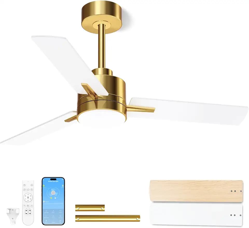 LANMEL Metal Ceiling Fan with Lights and Remote, 42 Inch, Gold & White