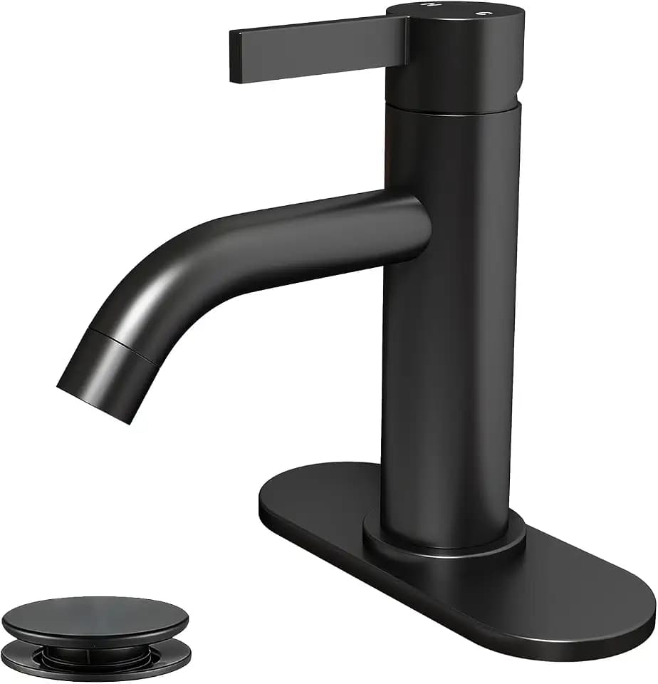Fransiton Matte Black Bathroom Faucet Single Hole with Pop-Up Bathroom Drain and Flexible Hoses Single Handle Bathroom Sink Faucet w/Deck Plate(1 or 3 Hole) for Vanity Sinks, RV, Farmhouse