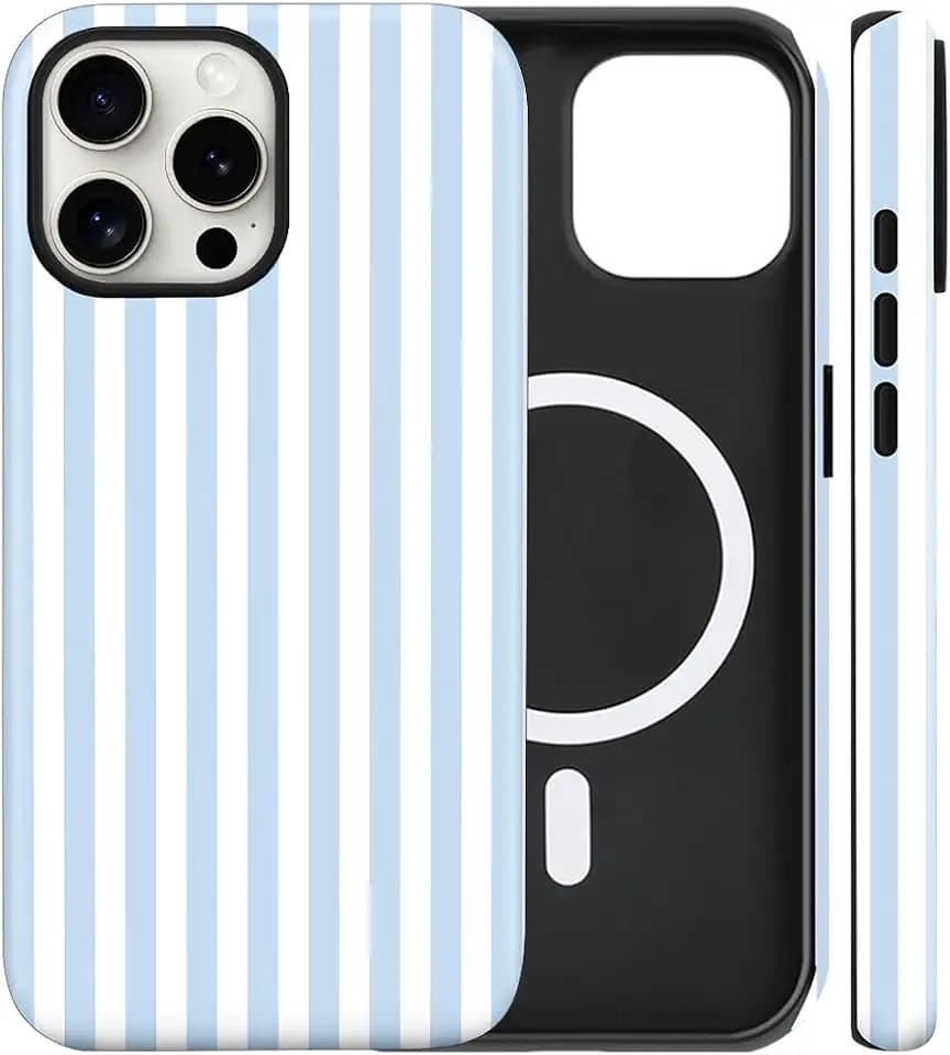 Magnetic for iPhone 13/14 Case Cute Stripes Phone Case, Blue&White