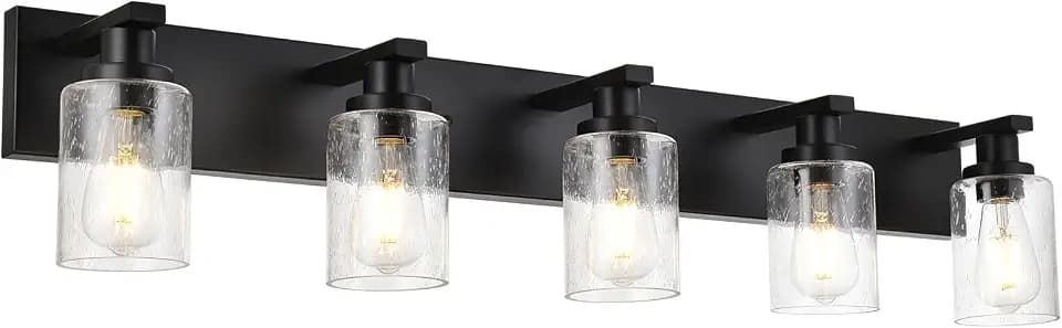 5-Lights Farmhouse Bathroom Vanity Light in Black Finish Wall Mount Lighting Fixtures with Seeded Glass for Mirror Cabinet Kitchen Bedroom