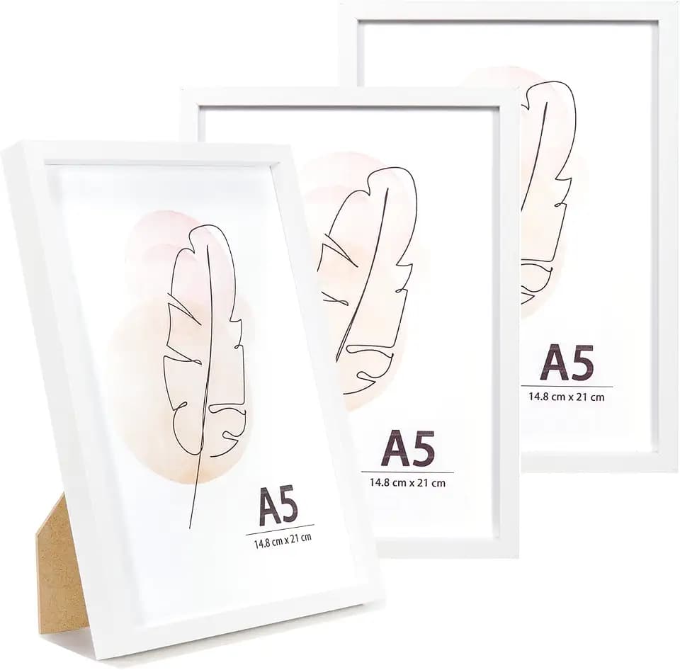 KAIWIN Bilderrahmen A5 Weiß Holz Fotorahmen 3er Set MDF mit Acrylglas zum aufhängen und aufstellen Benutzt für Wohnzimmer, Schlafzimmer, Arbeitszimmer, für Fotos, Kunstwerke und Poster