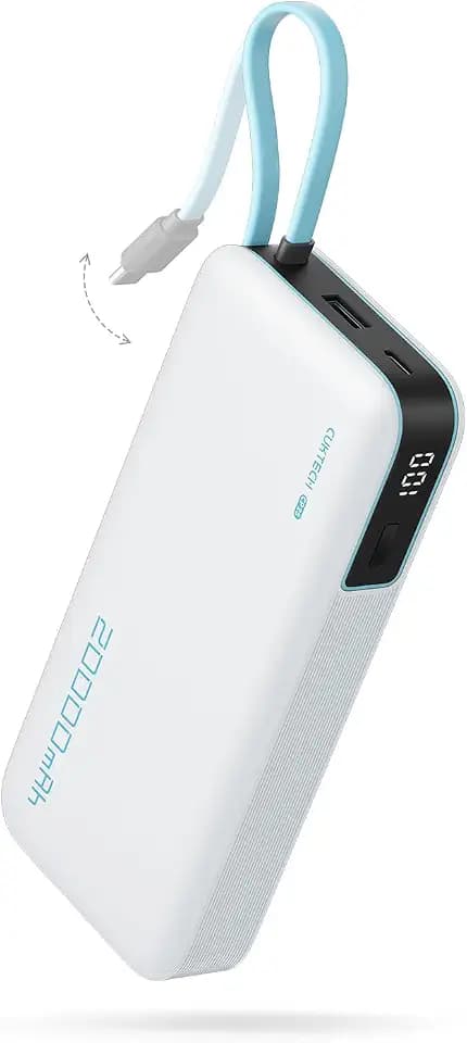 CUKTECH 45W Power Bank 20000mAh, Portable Travel Charger Built-in USB C Cable, Fast Charging Battery Pack for iPhone 17/16/15, iPad, Samsung Galaxy, Google Pixel, Android and More (White)