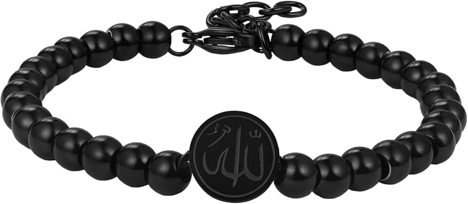 Cupimatch Allah Perlenarmband Islamisches Armband: Edelstahl Religiöse Gebetskette mit Halbmond Symbol Glaube Kugelarmband Verstellbare Länge 18-22cm Ramadan Eid Schmuck für Männer Frauen