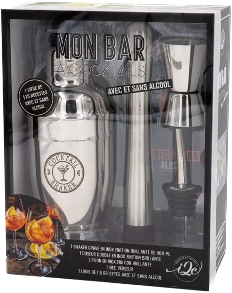 Coffret Mon bar à cocktails 2024 - Avec et sans alcool: Avec un shaker en inox de 400 ml, 1 pilon en inox, 1 doseur double en inox, 1 bec verseur et 1 livre de 115 recettes