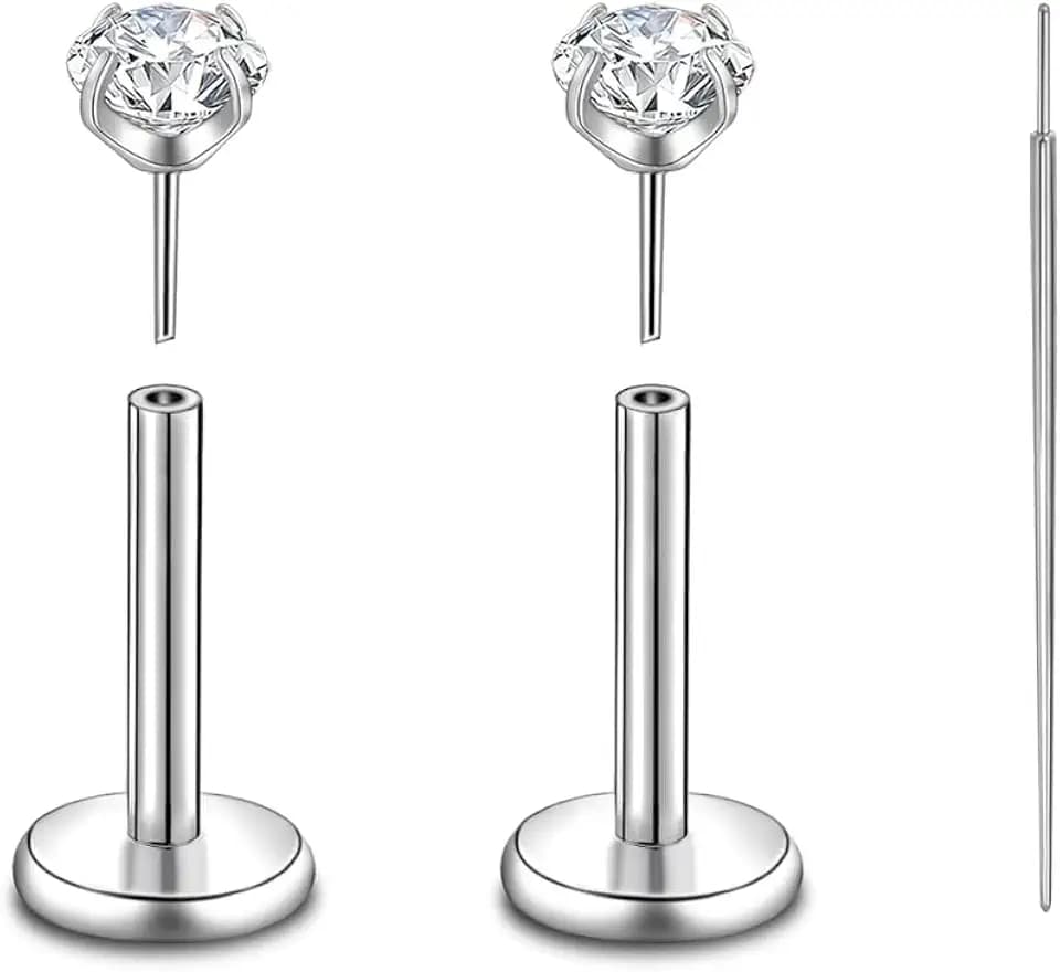 CANDYFANCY 20g/18g/16g G23 Titanium Threadless 2/3/4mm CZ Stud Cartilage Earrings for Tragus/Conch/Helix/Monroe/Lip/Labret-Push in Nose Studs Tragus Piercing Jewelry for Women Men 6/8/10MM Length post