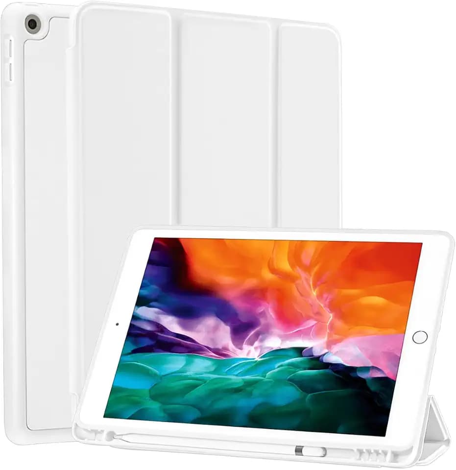 Compatible for Apple iPad 9.7 Case 2018 iPad 6th Generation Cases/2017 iPad 5th Generation Case with Pencil Holder, Slim Soft Silicone Smart Trifold Stand Protective Cover(White)