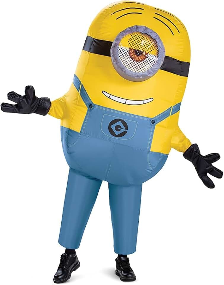 Stuart Minion Inflatable Costume for Men, Official Minions Halloween Costume, Blow Up Jumpsuit with Fan, Adult Size (42-46)