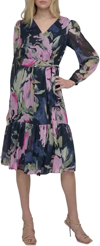 DKNY Women's Long Sleeve V-Neck Tie Waist Midi Dress