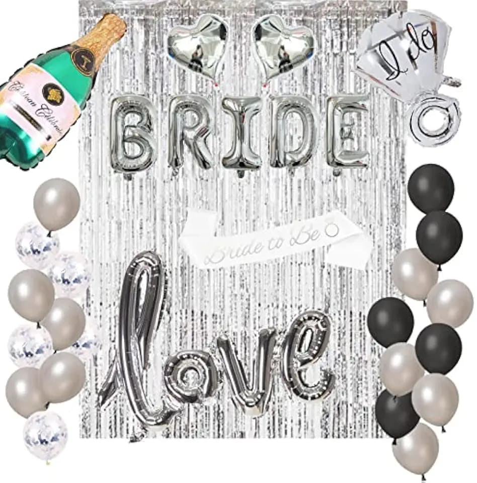 Bachelorettesy 28pc Bachelorette Party Decorations Kit for Bride to Be, Bridal Shower Decorations, Engagement Party – Balloons, Sash, Foil Backdrop Curtain (Silver)