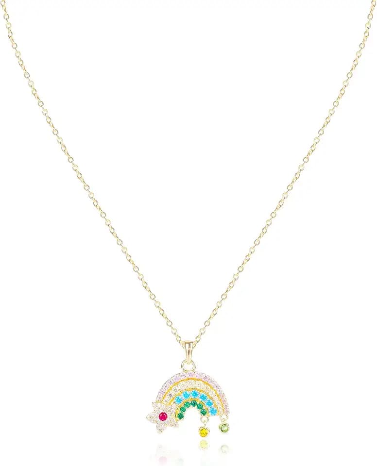 Colorful Rainbow Pendant Necklace for Women Sparkly Cubic Zirconia Star Rainbow Pendant Necklace 14K Gold Plated Cute Rainbow Charm Statement Necklace Holiday Party Birthday Jewelry Gifts for Women