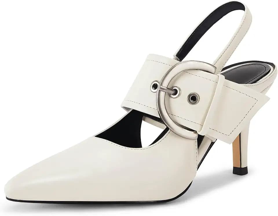 Coutgo Womens Slingback Pumps Closed Pointed Toe High Heels Belt Buckle Strap Dressy Work Shoes
