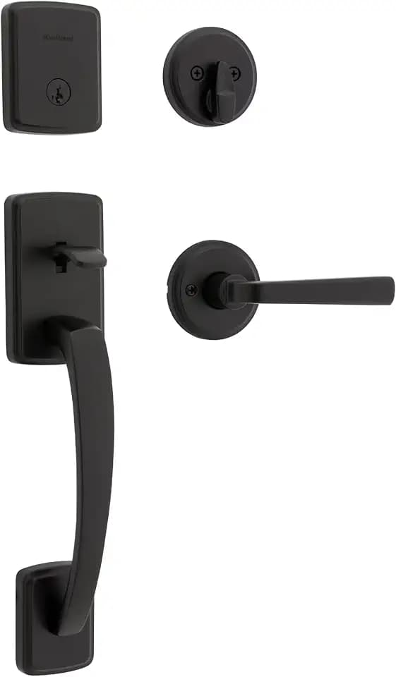 Kwikset Brentford Front Door Lock Handle and Deadbolt Set, Entry Handleset with Trafford Reversible Lever, Matte Black, Pick Resistant SmartKey Rekey Deadbolt Security, with Microban Protection