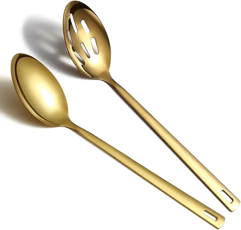 Gold Cooking Spoons Set Of 2, Kyraton Stainless Steel Kitchen Solid Slotted Spoon, Titanium Gold Plating Cooking Utensils Set for Mixing, Serving, Stiring