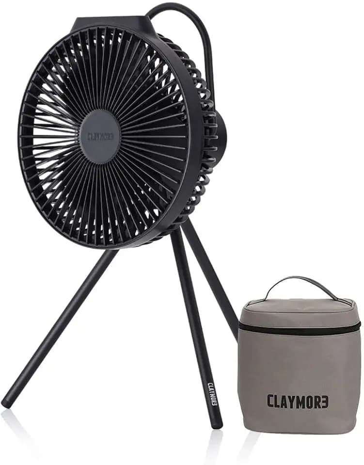 Claymore V600+ Black Rechargeable Portable Fan – 7,800mAh Battery, 4-Speed BLDC Ultra-Quiet Air Circulator USB-C Charging 32 Hrs Runtime Tripod Mountable Adjustable for Camping, Indoor, Outdoor