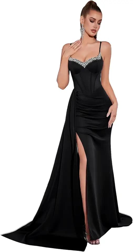Women's Spaghetti Strap Rhinestone Evening Gown, V Neck Sparkly Formal Dress for Wedding Guest Party Club Night Prom