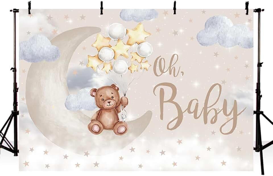 AIBIIN 2,1 x 1,5 m Oh Baby Bär Hintergrund Wolke Mond Stern Ballon Babyparty Neutral Geburtstag Party Foto Hintergrund Bär auf dem Mond Babyparty Party Banner Fotozubehör