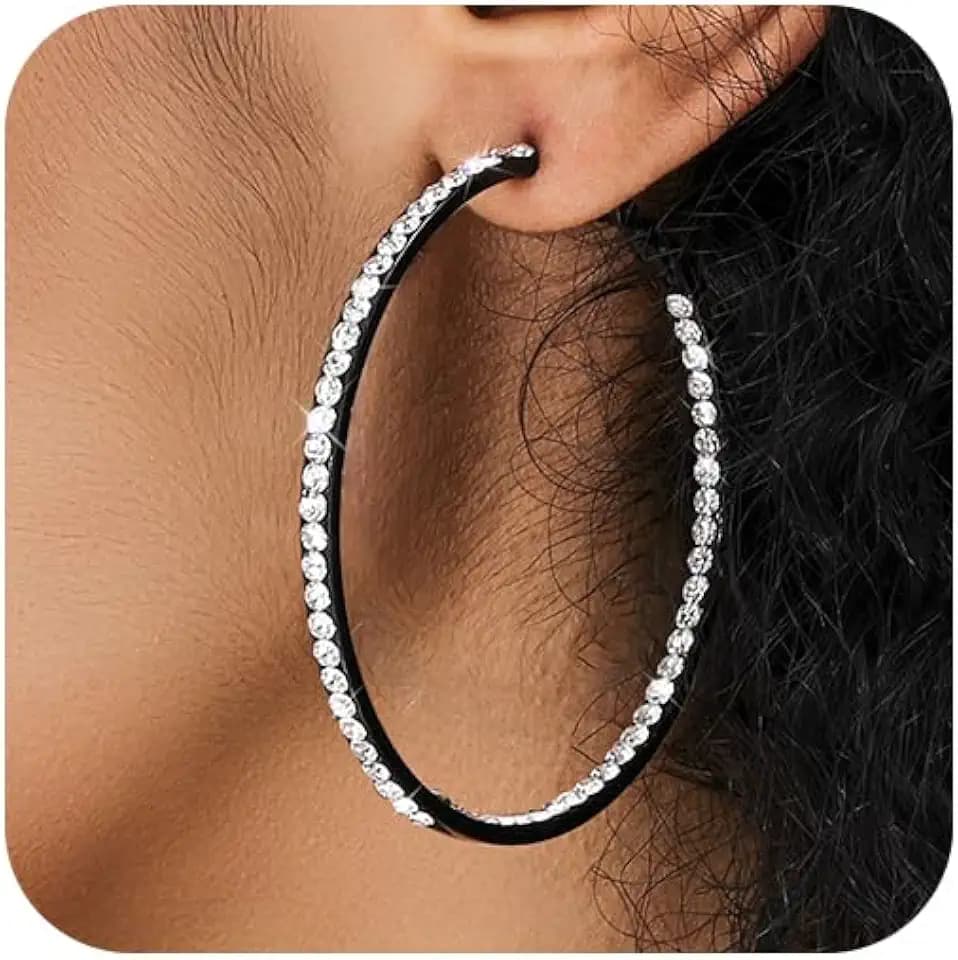 Large Hoop Earrings for Women Black Earrings Silver Crystal Hoop Earring 14K Gold Plated Rhinestone Earrings Big Cubic Zirconia Hoop Earrings Party Dance Fashion Hypoallergenic Jewelry Gift for Her 40/50/60 mm Sparkly Hoops With Crystals for Womens