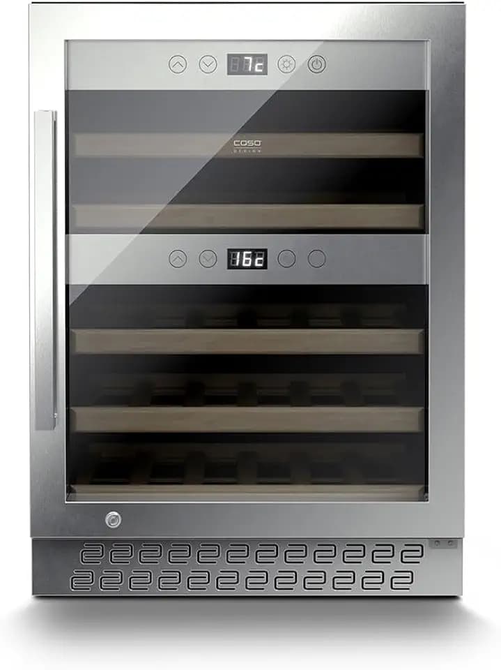 CASO WineChef Pro 40 | Weinkühlschrank für 40 Flaschen | freistehend, umbauffähig, abschließbar, WiFi-App, 2 Zonen, 5-20°C, UV-Filterglas, Edelstahl
