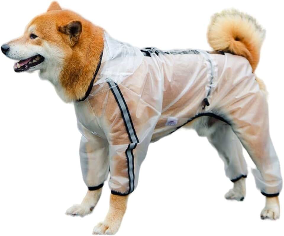 Wasserdichter Hunde-Regenmantel, transparent, mit reflektierenden Streifen und Kapuze, Hunde-Regenmantel mit Beinen, Overall für Welpen, kleine, mittelgroße Hunde (transparent, Größe M)