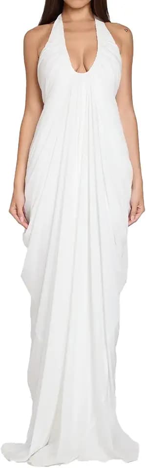 ABYOVRT Women Floor Length Dress Halter Deep V Cascade Drape Gown