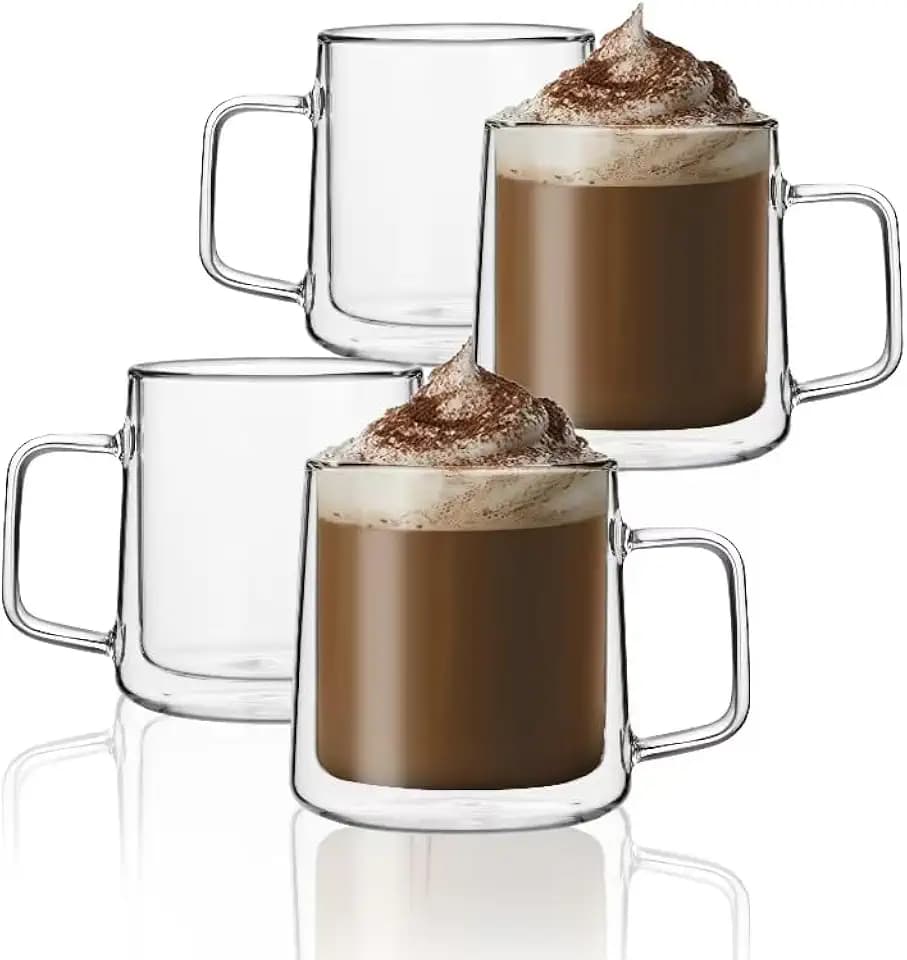 CNGLASS Doppelwandige Latte Macchiato Gläser (Set 4x450ml), Kaffeegläser mit Griff,Klare Isolierte Kaffeetassen Glas für Latte, Cappuccino, Teebeutel