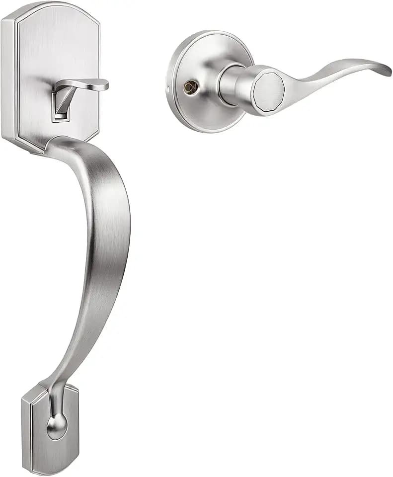 Probrico Brushed Nickel Front Door Handle, Heavy Duty Entry Door Handle with Interior Reversible Handed Lever, Lock Grip Handle with Wave Lever Keyless Door Locks, 1Pack