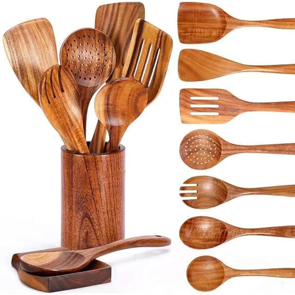 9 PCS -Kochutensilien Set, Kochlöffel Pfannenwender Spachtel, Holzlöffel zum Kochen, Schaumlöffel Schöpfkelle Nudelheber Sieb Suppenschöpflöffel, Küchenhelfer - Holzgeschirr