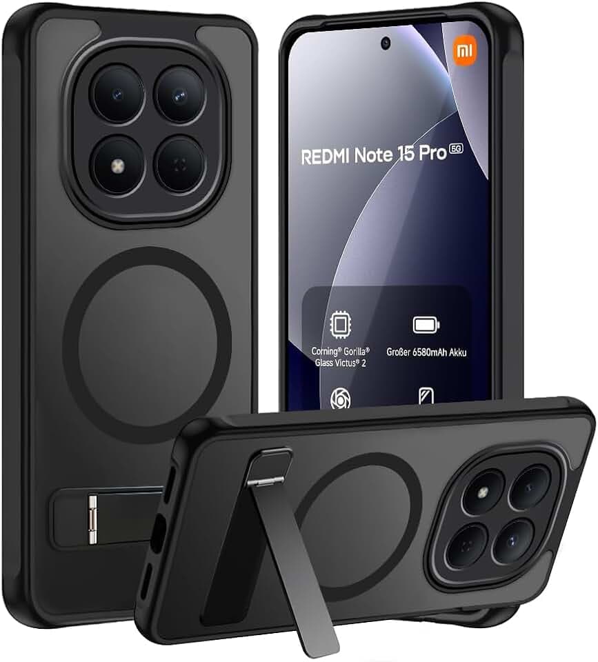 Tawarror MagStänder Handyhülle für Xiaomi Redmi Note 15 Pro 5G(Nicht für Note 15 Pro 4G) Hülle, Matt Transluzente Schutzhülle mit Ständer Hart PC Kratzfest + TPU Stoßfest Case, Schwarz